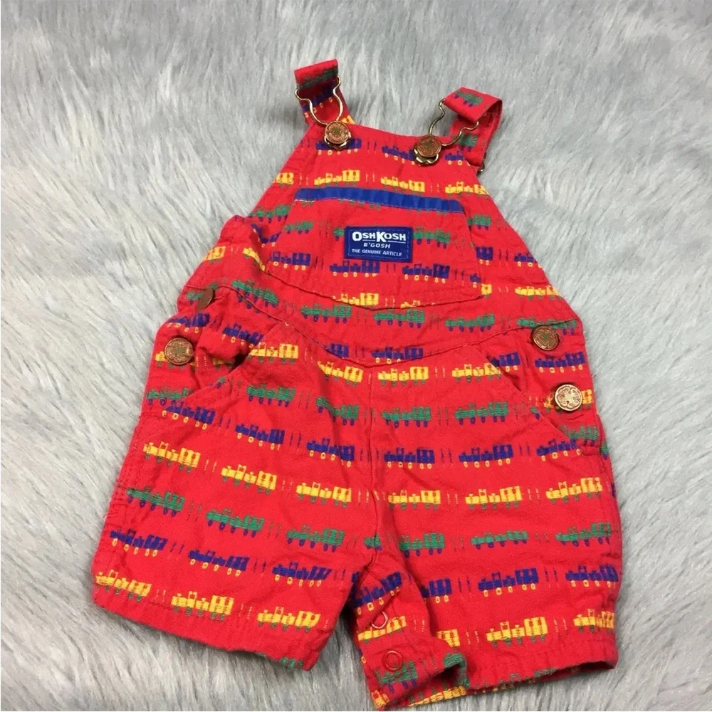 Vintage Baby Boys Oshkosh Bgosh Vestbak Red Blue Train Shortalls